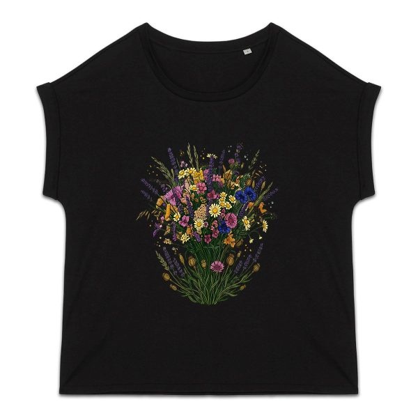 T-shirt femme biologique manches à revers - Bouquet de fleurs des champs