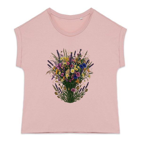 T-shirt femme biologique manches à revers - Bouquet de fleurs des champs