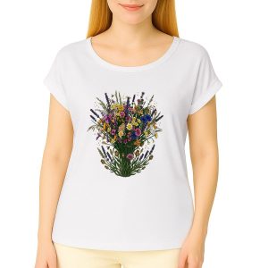 visual_Blanc T-shirt femme biologique manches à revers - Bouquet de fleurs des champs